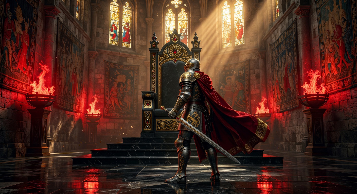 Medieval castle throne room illuminated in red and gold