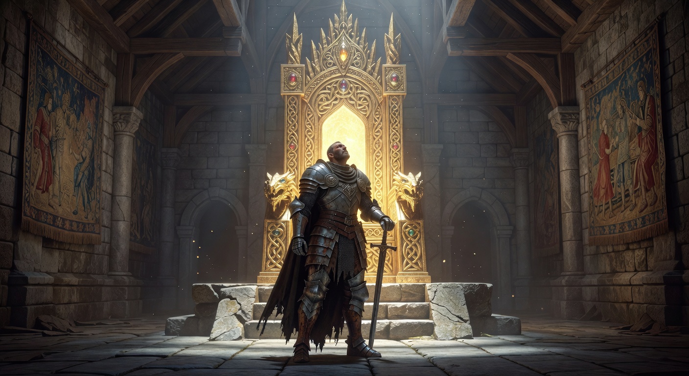 Knight standing before a glowing golden throne